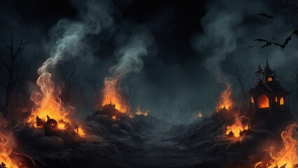 Wall Mural - halloween background with house fire burning in the forest