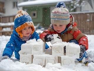 Two young children building a snow fort in a snowy backyard during winter, enjoying playful moments in the cold weather