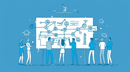 Poster - A team of business professionals collaborates around a large whiteboard, brainstorming and discussing strategies. The whiteboard is filled with diagrams and notes, symbolizing project management, team