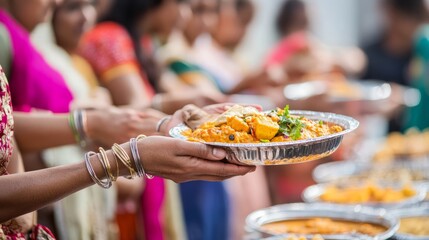 Wall Mural - Volunteers sharing traditional Indian food packets during Diwali celebrations for support