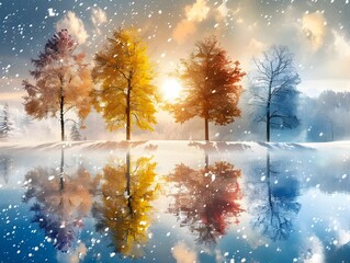 Wall Mural - A serene winter landscape featuring vibrant trees reflecting on a tranquil lake during a snowy sunset