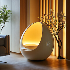 An egg-shaped lamp casting light in a stylishly designed room image