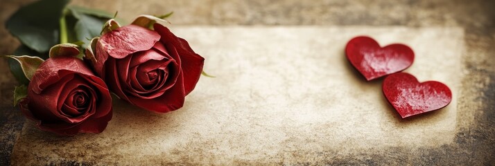 A vintage-inspired Valentine's Day greeting featuring two red roses and two red hearts on a rustic background.  The roses and hearts symbolize love, romance, and affection.