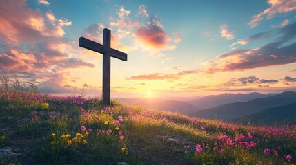 Sticker - A wooden cross stands tall on a grassy hillside, silhouetted against a vibrant sunset. The sky is ablaze with hues of orange, pink, and purple, symbolizing hope, faith, and the divine. Wildflowers blo