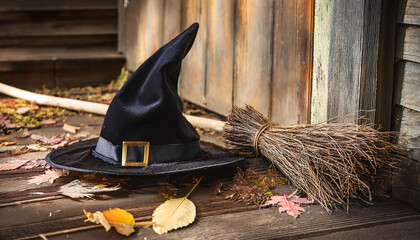  A witch's hat and broomstick left abandoned on the porch of an old, rickety house