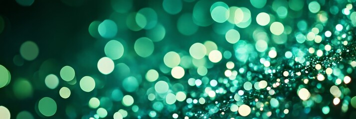 Poster - An abstract background with teal glitter and bokeh lights, creating a festive and celebratory atmosphere. The blurred lights represent joy, celebration, and the magic of the season. The deep teal colo