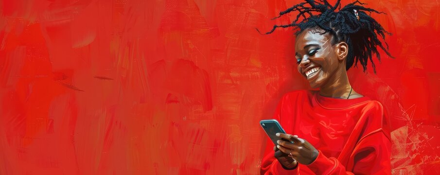 Young woman joyfully texting on phone with red background.