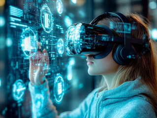 A woman wearing a virtual reality headset is interacting with a computer screen