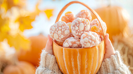 A person is holding a basket full of frozen fruit, including oranges and apples