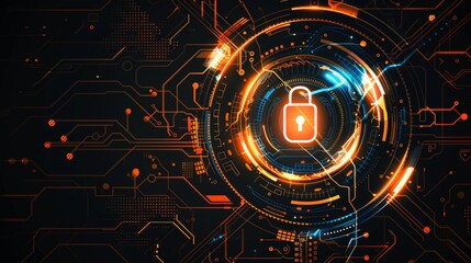 Poster - A hightech cybersecurity image featuring a glowing digital lock and dynamic circuit board background, ideal for showcasing modern data protection and information safety in the digital age