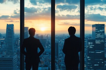 Sticker - Two business partners stand side-by-side in a high-rise office building, looking out over the city skyline at sunset.  The image symbolizes teamwork, success, collaboration, and ambition.