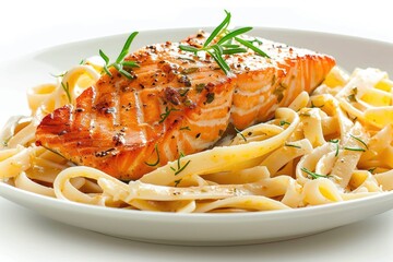 Sticker - Freshly cooked pasta served with a piece of grilled salmon on top, perfect for a quick and healthy meal