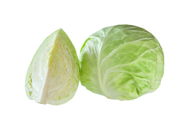 Whole and cut in quarter green cabbage isolated on white background.