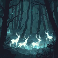 Wall Mural -  illustration of a haunted forest with glowing, ghostly animals