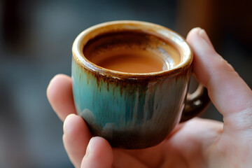 Poster - a hand holding a small ceramic espresso cup, the deep, rich color of the coffee contrasting with the cup’s light glaze