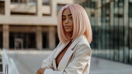 Wall Mural - Teen Black Woman with Pink Straight Hair creative poster.