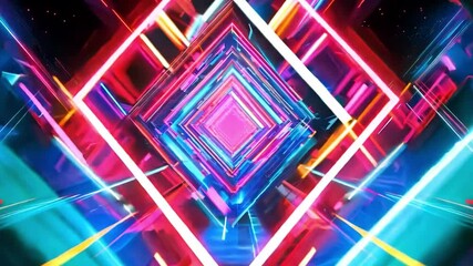 Poster - Colorful neon geometric patterns create a mesmerizing tunnel effect, blending vibrant hues of pink, blue, and purple.