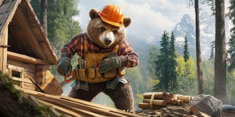 bear carpenter building a cabin in forest.