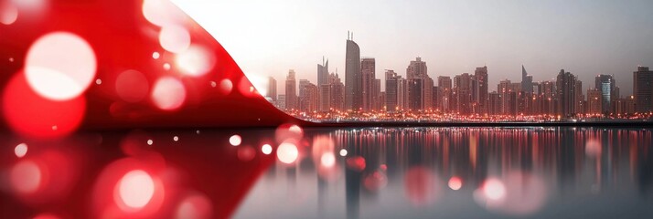 Bahrain Independence Day. View of skyscrapers with Bahrain flag. Horizontal banner. Free space for text. Bahrain National Day design. For poster, postcard