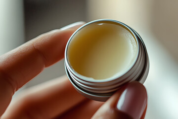 Poster - a hand applying lip balm from a tin, with focus on the smooth, moisturizing texture