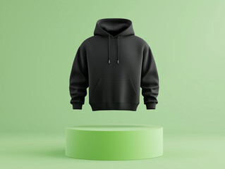 Blank Black Mockup Hoodie design floating above a podium with an isolated neutral green color background