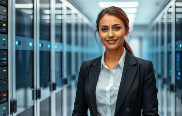 Woman in a business suit against a backdrop of servers in a data center.