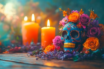 Colorful sugar skull surrounded by candles and flowers at twilight