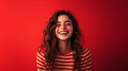 A cheerful teenage girl, laughing with delight, on a red solid background.