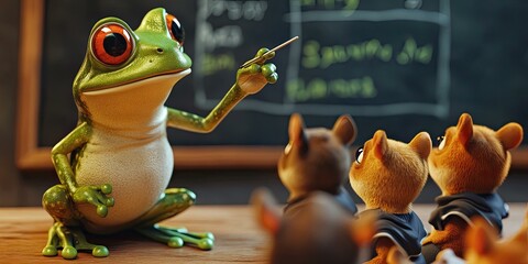 Frog teacher instructs three students.