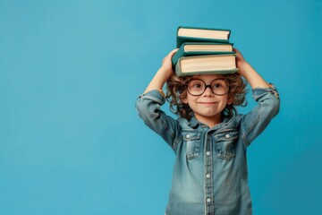 Poster - In this image, a charming child with glasses is balancing books on their head, smiling confidently in a denim shirt, against a blue background. Great for educational and playful content