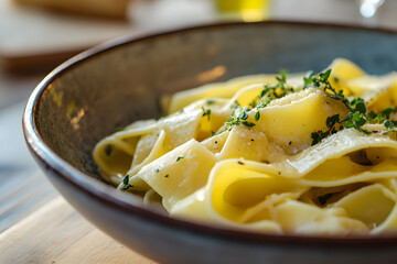 Wall Mural - a ceramic pasta bowl with a wide rim, filled with freshly made pasta and garnished with herbs