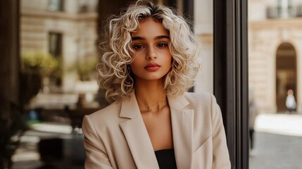 Wall Mural - Teen Latino Woman with Blond Curly Hair creative poster.