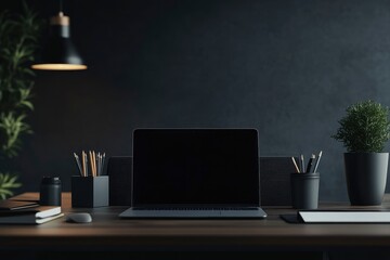 Cropped shot of dark trendy workplace with laptop computer and office supplies with copy space with generative ai