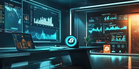 Canvas Print - Futuristic workspace with glowing Bitcoin and data screens.