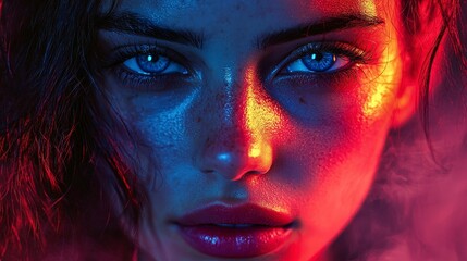 Wall Mural - A close-up portrait of a woman with striking blue eyes and dramatic lighting.