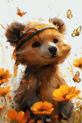 Wall Mural - In a sunlit meadow, a small bear wearing a rainbow-striped headband sniffs a vibrant yellow flower, with butterflies fluttering around in a cartoon watercolor style against a white background.