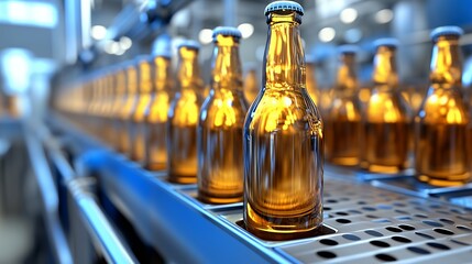 Bottles on a production line in a beverage manufacturing facility.