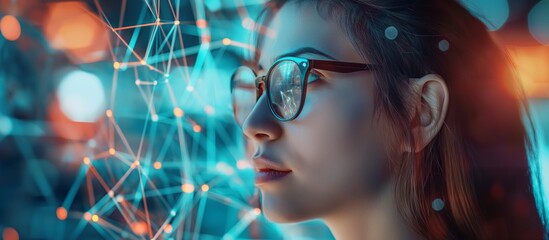 Poster - A woman wearing glasses is examining digital data visuals that pertain to technology, analytics, and innovation. This image is ideal for AI, big data, and technologyrelated themes