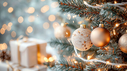 A Christmas tree with a gold ornament hanging from it