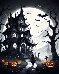 Wall Mural - Old mansion, graveyard, candies and scary pumpkin. Art cover horror night. 