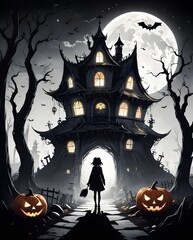 Wall Mural - Old mansion, graveyard, candies and scary pumpkin. Art cover horror night. 