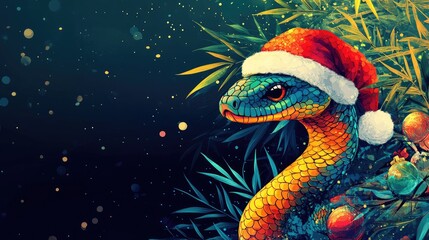 Festive Snake Wearing Santa Hat in Vibrant Holiday Scene - Unique Christmas Portrait