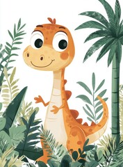 A cute cartoon-style illustration of an adorable dinosaur, surrounded by lush greenery and palm trees on a white background.