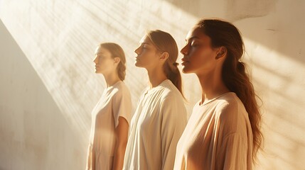 Wall Mural - Three women in serene poses, illuminated by soft light, conveying tranquility and reflection.