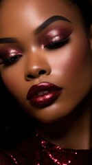 Closeup of beautiful black woman. Fashion African American beauty girl with luxury makeup. Glossy skin and dark burgundy lips. Dark red and wine colors