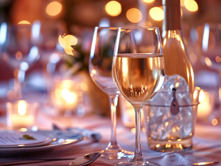 a table with a bottle of wine and two wine glasses. the table setting is elegant and sophisticated, 