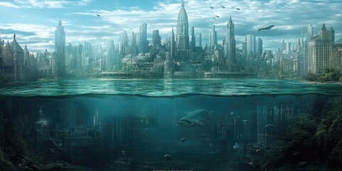 Submerged futuristic city with flying vehicles.