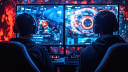 Two Gamers Playing E-Sports on Dual Monitors in Neon-Lit Gaming Room