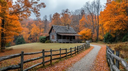 Wall Mural - Log cabin surrounded by colorful autumn foliage with pathway leading through forest