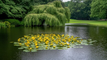 Bright yellow water lilies dot the tranquil lake, while fluffy willow branches sway gently, creating a picturesque reflection against the clear summer sky